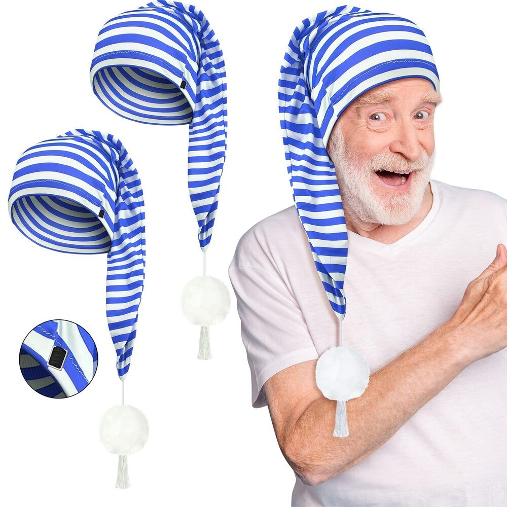 4819 2 Pcs 's Night Cap Adjustable Sleeping Cap Striped Pajama Hat with Pom